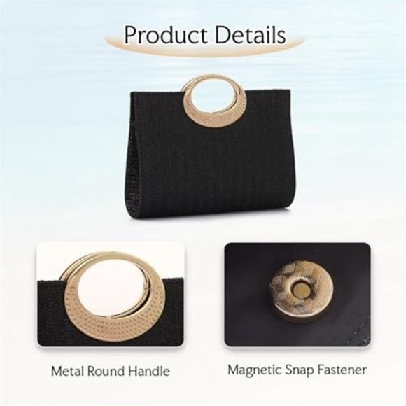 Straw Top Handle Clutch Purse Summer Beach Evening Handbag Women Black - Picture 6 of 9